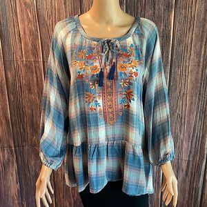 Unity World Wear medium NWT white blue & pink plaid floral boho peasant top